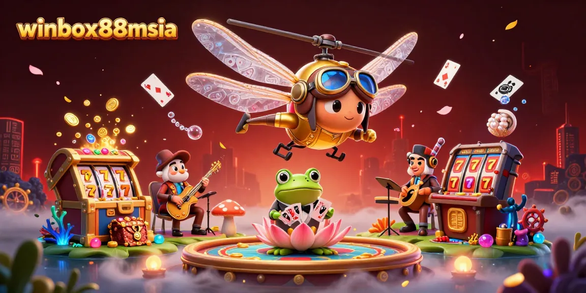 Experience the excitement of winbox88msia with a dynamic casino scene featuring animated characters and game elements.