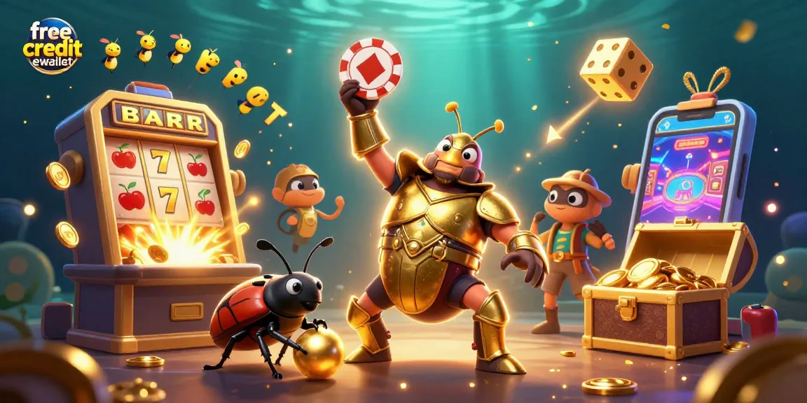 Engage with the free credit ewallet offer in a vibrant casino scene depicting a joyful victory celebration.