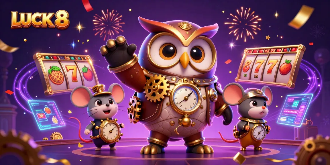 Spin the reels at LUCK 8 with a vibrant 3D casino scene showcasing slots and celebratory elements.
