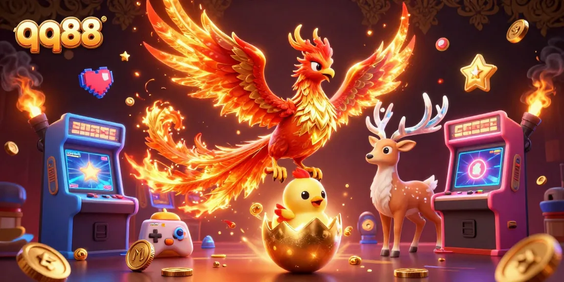 Experience thrilling gaming at qq88 with a phoenix duo amidst vibrant casino elements.