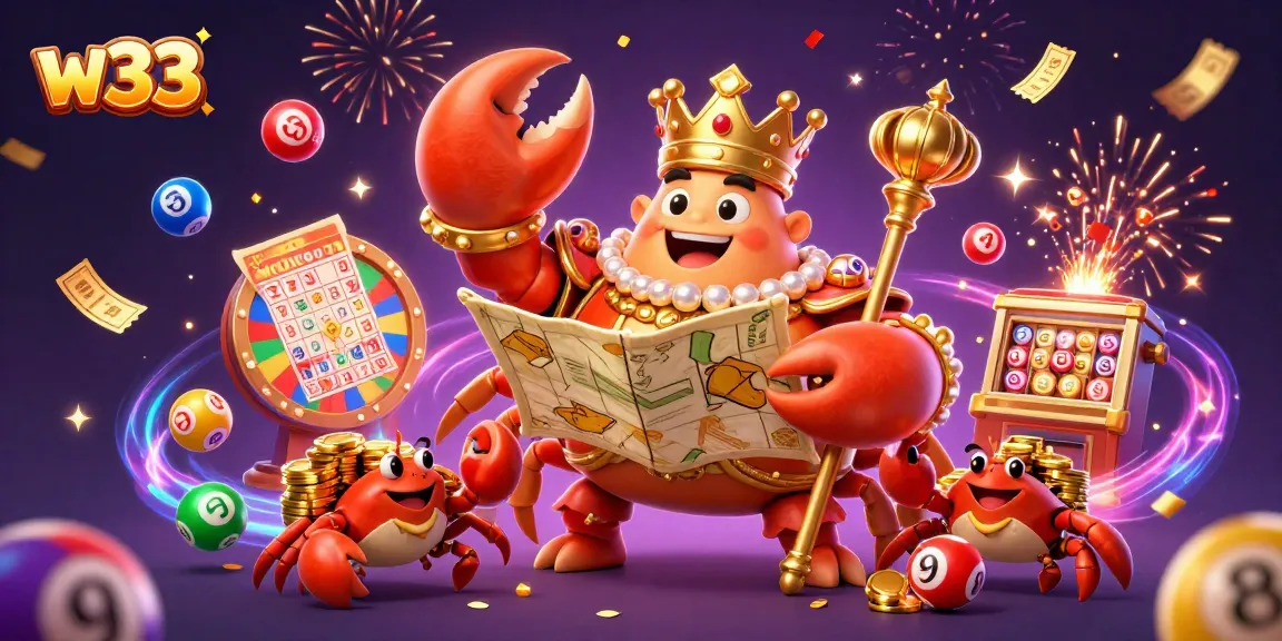 Join the adventure with w33, where a golden crab emperor leads a vibrant gaming experience with treasure and excitement.