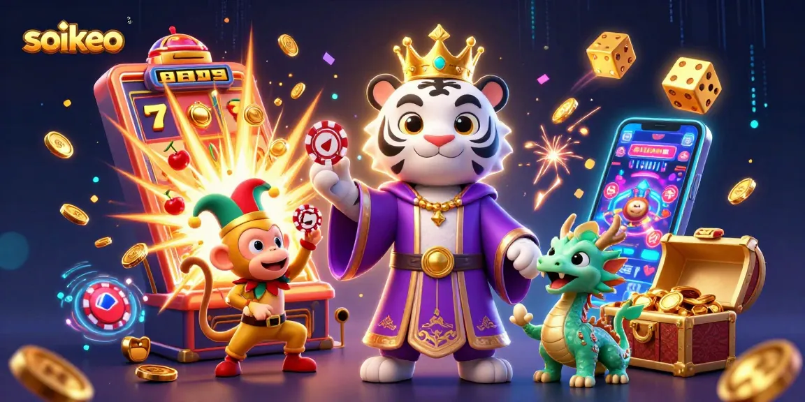 Engage in thrilling gameplay with soikeo's dynamic casino experience, featuring a lively scene of characters and gaming elements.