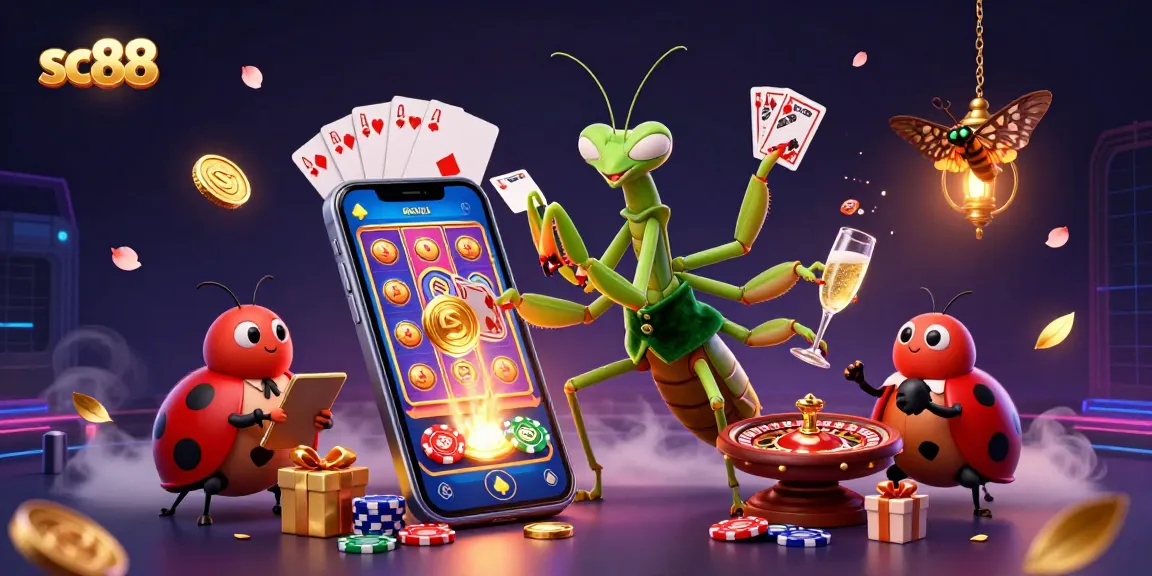 Experience thrilling action at sc88 with a lively casino scene featuring a giant praying mantis and ladybug boss.