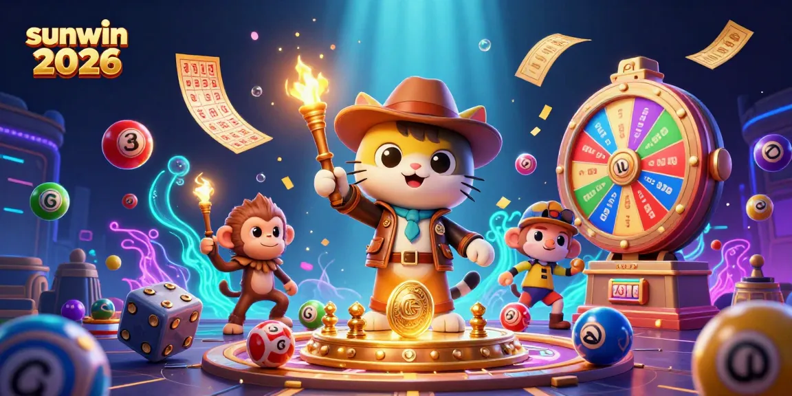 Experience sunwin 2026 with an adventurous cat archaeologist uncovering casino treasures amidst colorful lottery elements.