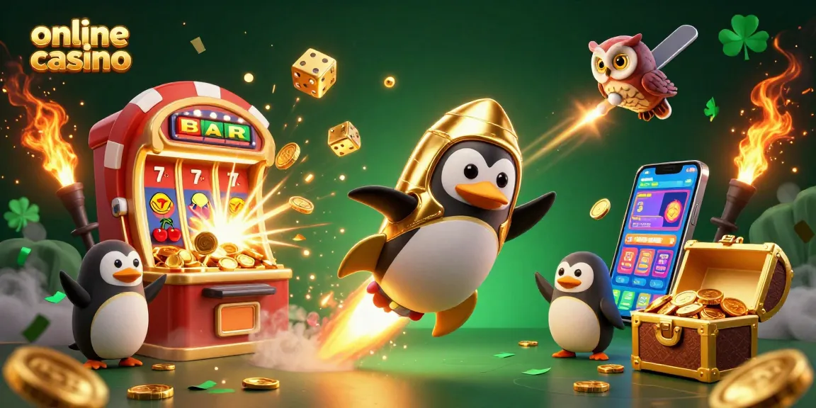 Engage with top online casino gameplay featuring a golden penguin in a vibrant 3D illustration.