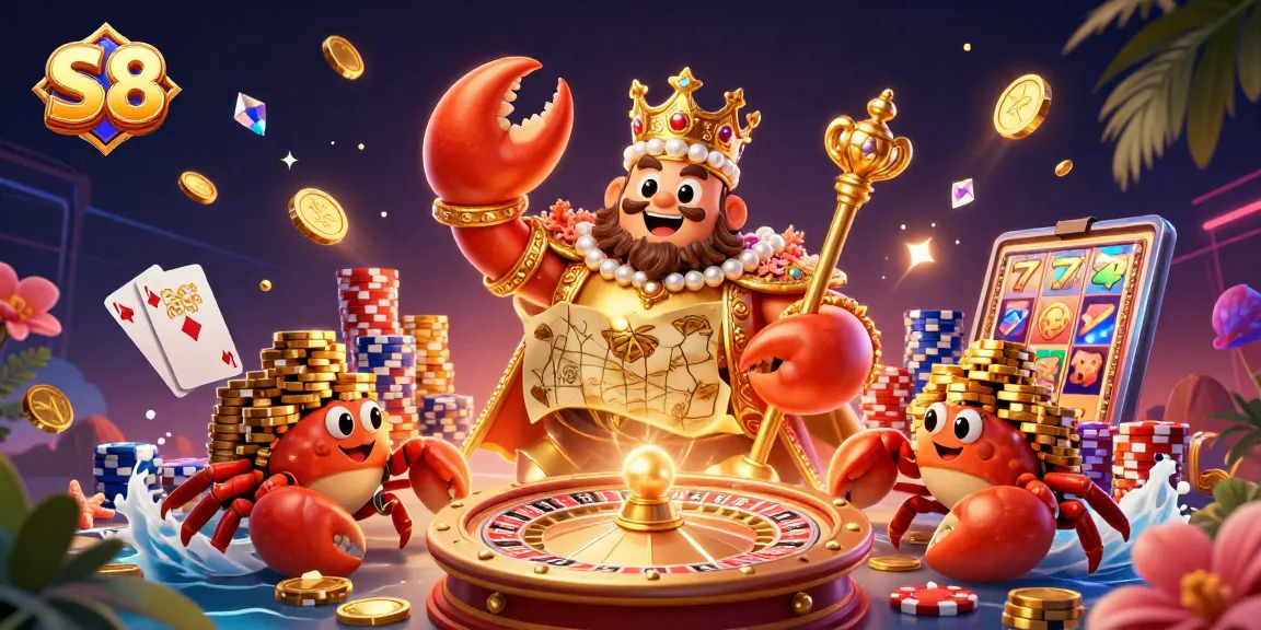 S8 gem-studded crab emperor crowns a vibrant casino scene with golden treasures.