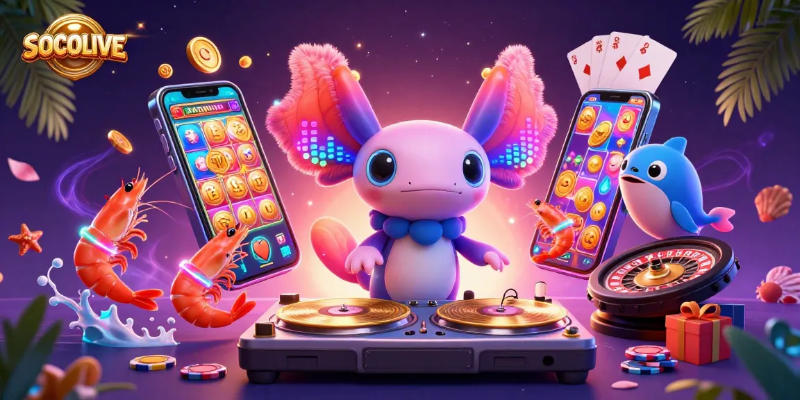 SOCOLIVE slots excitement with neon axolotl DJ and vibrant gaming elements showcasing thrilling online casino action