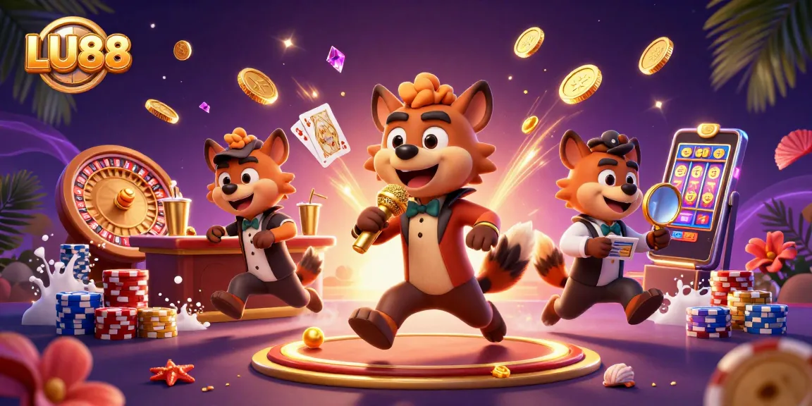 LU88 hyenas in a vibrant casino scene celebrating with golden coins and roulette wheels.
