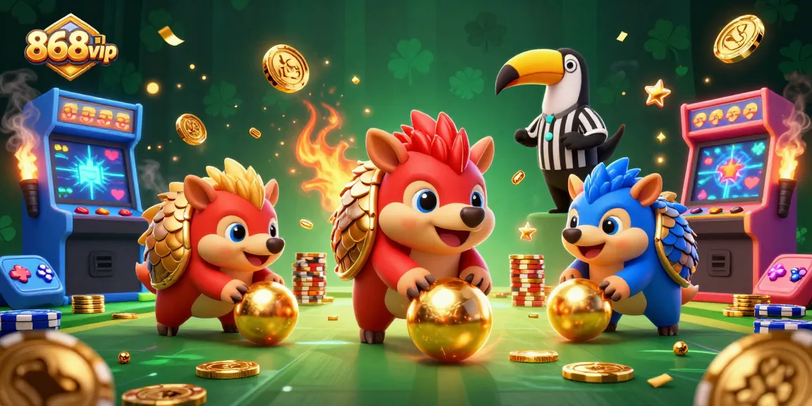 Compete to win big with 868vip, featuring dynamic gambling action with vibrant pangolins and poker chips.