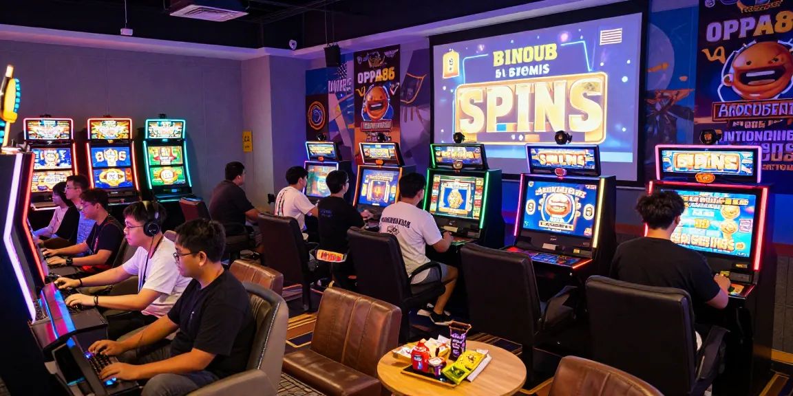 Exciting gaming experience at OPPA86 with players enjoying colorful slot machines and bonus spins.