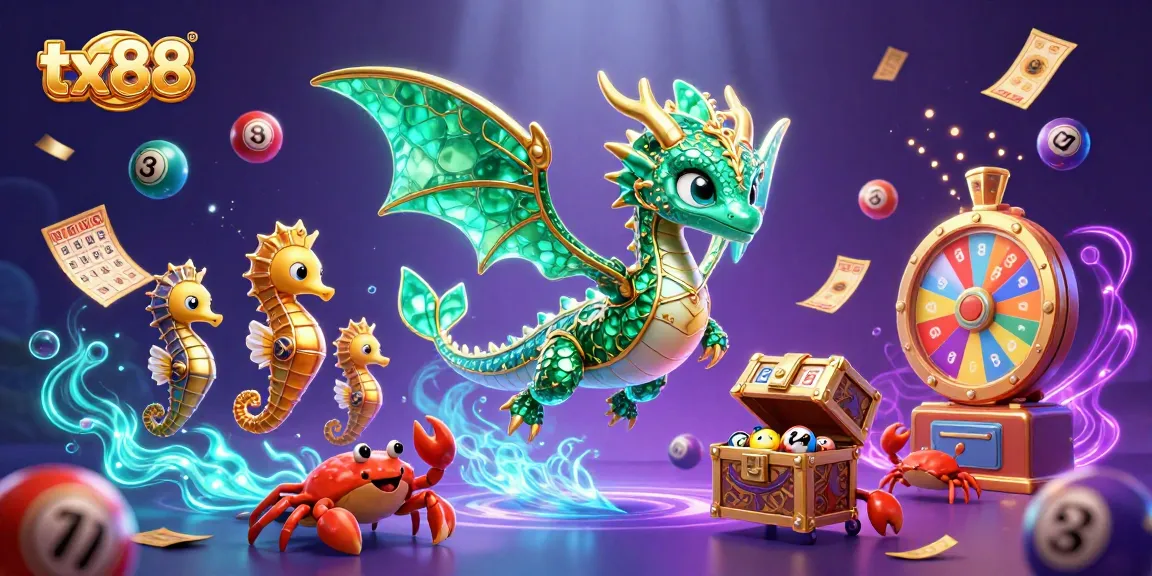 Experience thrilling gameplay with tx88 as colorful lottery balls and vibrant prizes surround a majestic sea dragon.