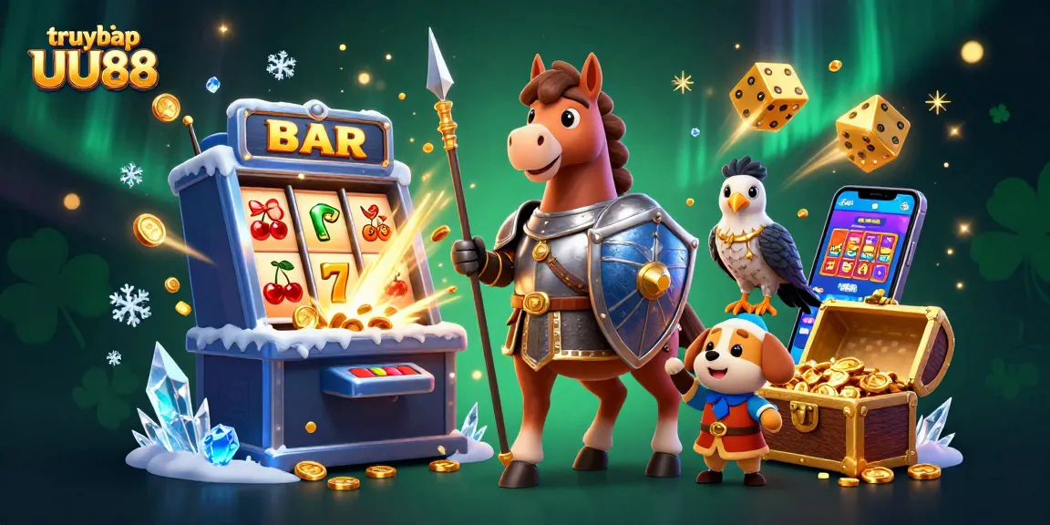 Experience the excitement of truy cập UU88 with a medieval knight and a puppy amidst vibrant casino elements.