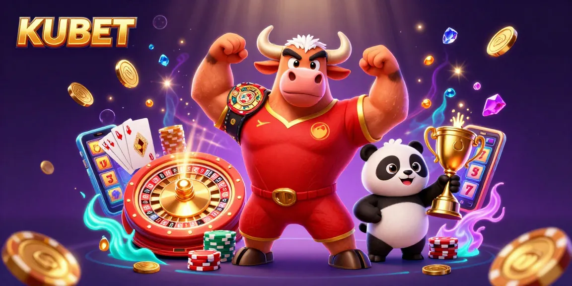 KUBET’s dynamic gaming scene featuring a cartoon bull, eagle, and panda celebrating wins with engaging casino elements.