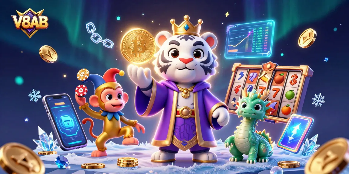 Experience the vibrant energy of V8AB with a lively 3D illustration of a tiger, monkey, and dragon amidst casino games.
