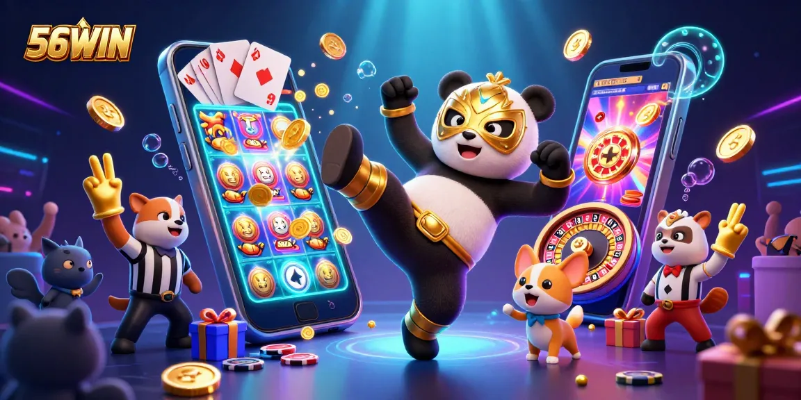 Experience exhilarating gaming action at 56WIN with a panda wrestler and vibrant casino elements.