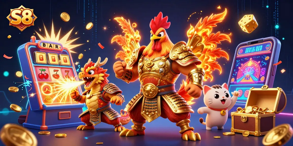 S8 showcases a dynamic roster of gaming characters amidst a vibrant casino scene bursting with energy.