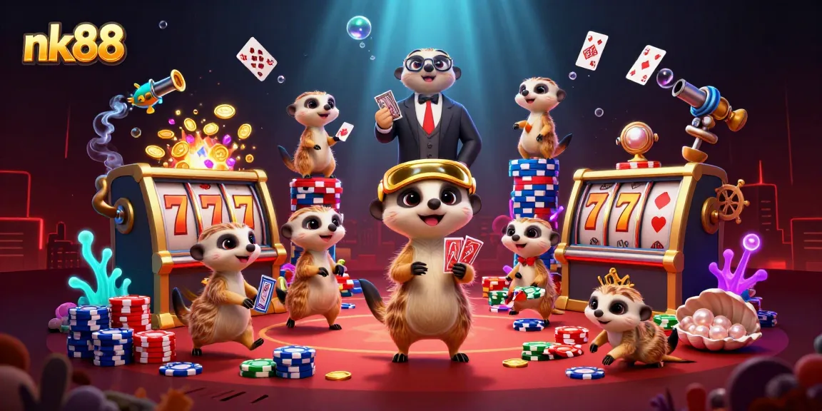 Engage in thrilling gaming adventures at nk88 with lively meerkats managing a vibrant casino scene.